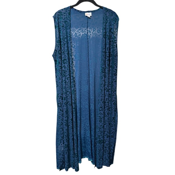LuLaRoe Joy Blue Burnout Velvet Duster Vest Floral Sheer Long Size Large - Picture 1 of 5